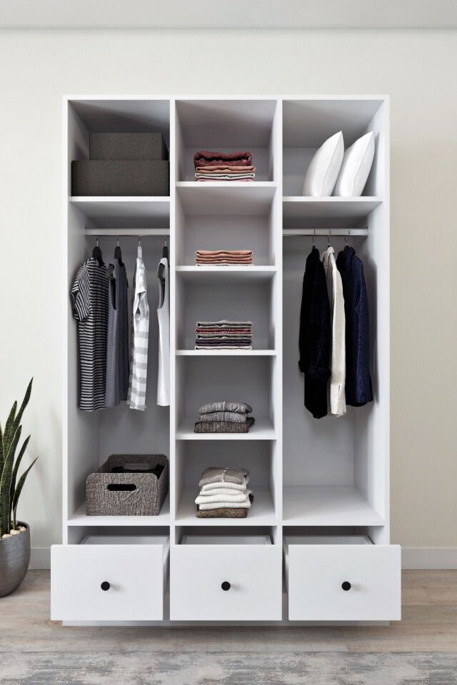 Ases Ela848 Modern 3 Kapaklı 3 Çekmeceli Raflı Askılı Gardırop Giysi Dolabı Beyaz