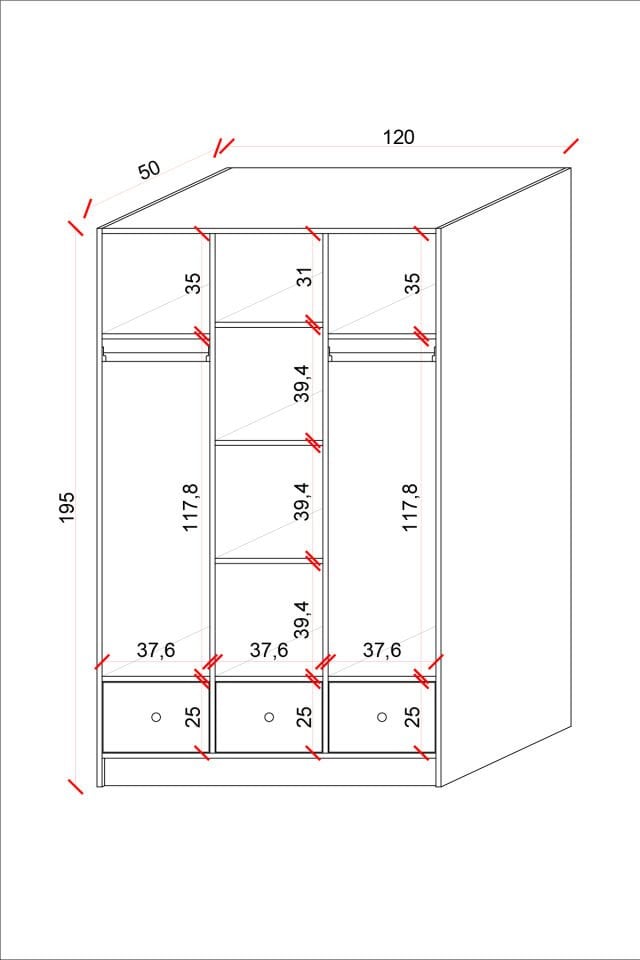 Ases Ela848 Modern 3 Kapaklı 3 Çekmeceli Raflı Askılı Gardırop Giysi Dolabı Beyaz