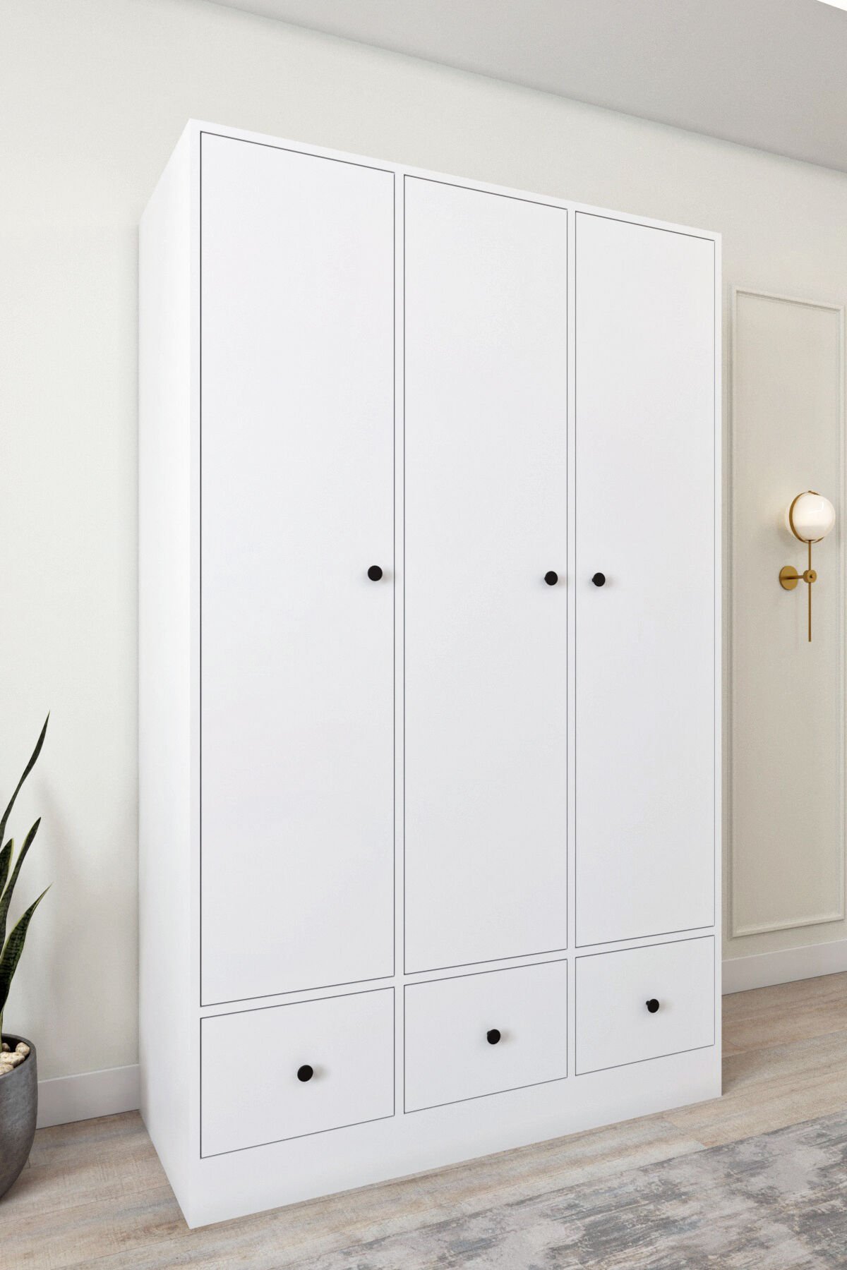 Ases Ela848 Modern 3 Kapaklı 3 Çekmeceli Raflı Askılı Gardırop Giysi Dolabı Beyaz