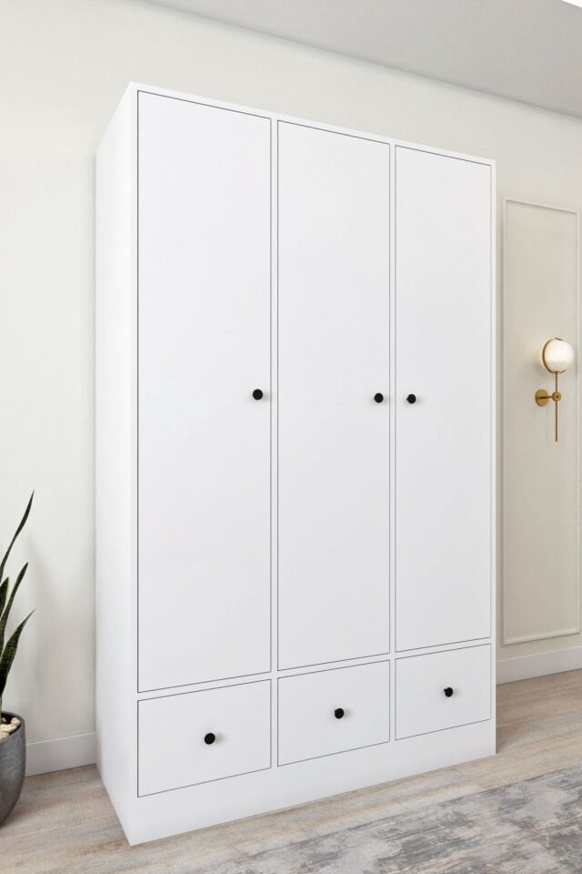 Ases Ela848 Modern 3 Kapaklı 3 Çekmeceli Raflı Askılı Gardırop Giysi Dolabı Beyaz