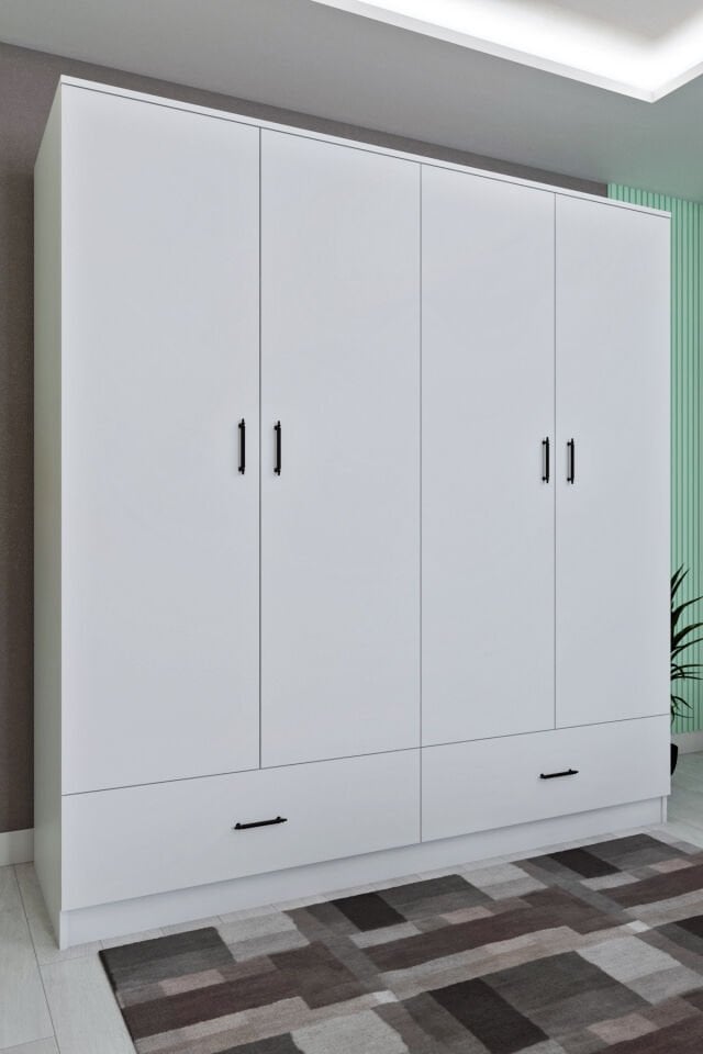 Ela127 Modern 4 Kapaklı 2 Çekmeceli Geniş Gardırop Giysi Dolabı Beyaz