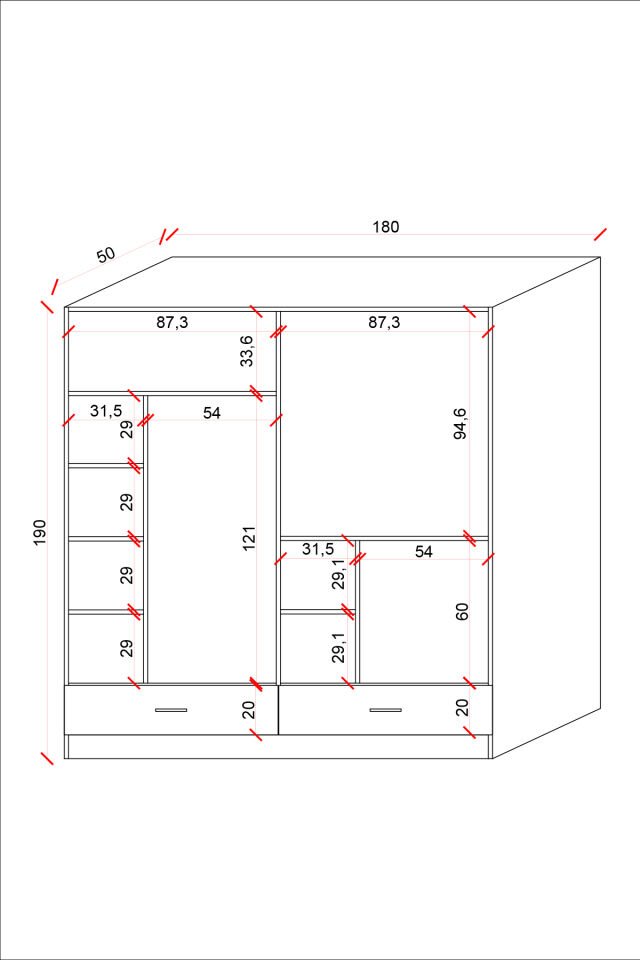 Ases Ela127 Modern 4 Kapaklı 2 Çekmeceli Geniş Gardırop Giysi Dolabı Beyaz