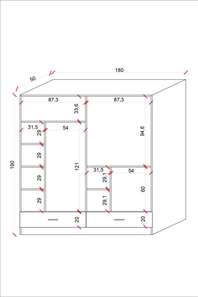 Ela127 Modern 4 Kapaklı 2 Çekmeceli Geniş Gardırop Giysi Dolabı Beyaz