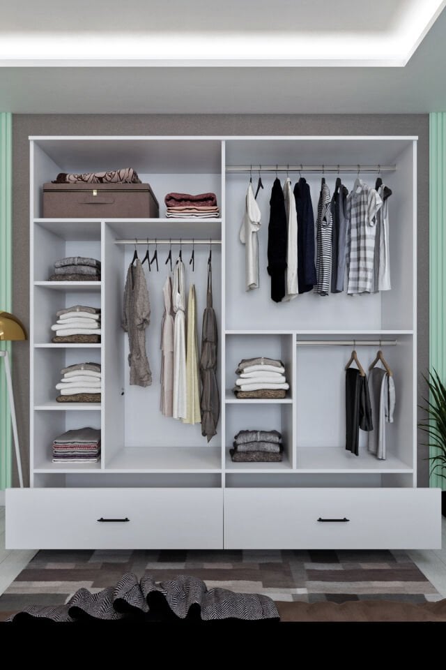 Ela127 Modern 4 Kapaklı 2 Çekmeceli Geniş Gardırop Giysi Dolabı Beyaz