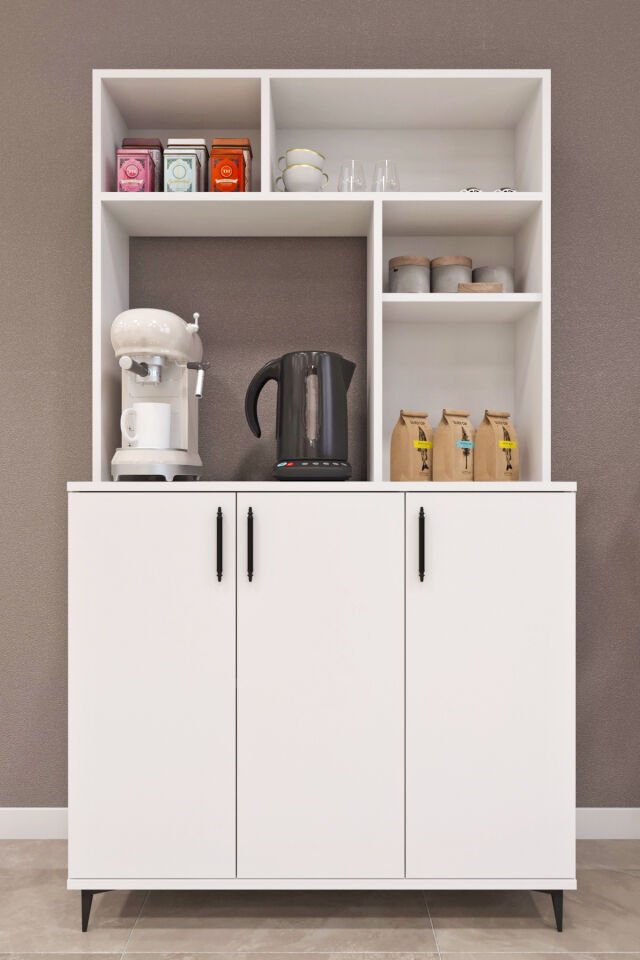 Ases Elz214 Çok Amaçlı Dolap 3 Kapaklı Açık Raflı Kiler Mutfak Dolabı Beyaz