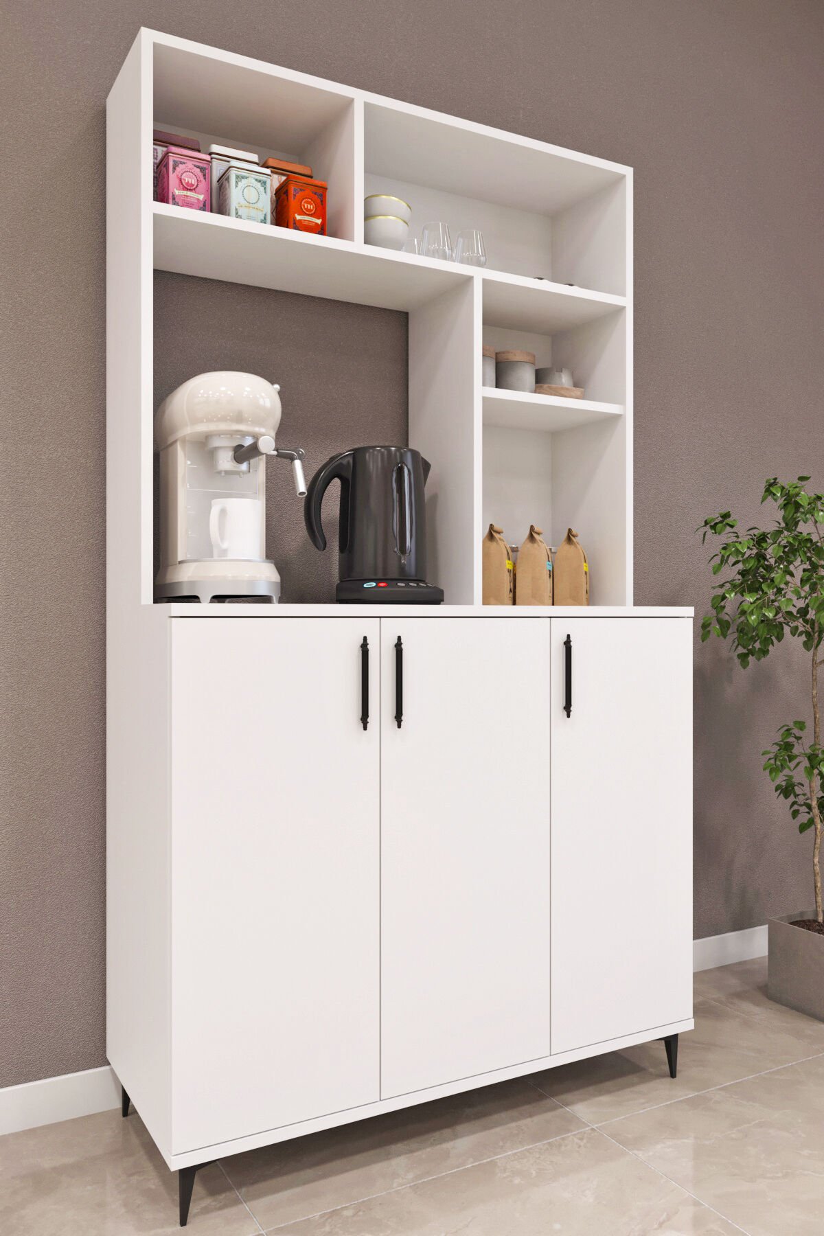 Ases Elz214 Çok Amaçlı Dolap 3 Kapaklı Açık Raflı Kiler Mutfak Dolabı Beyaz