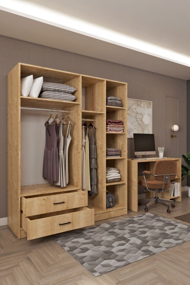 Ases HDF5358 Genç Odası Gardırop ve Çalışma Masası Hediyeli Beyaz - Safir Meşe