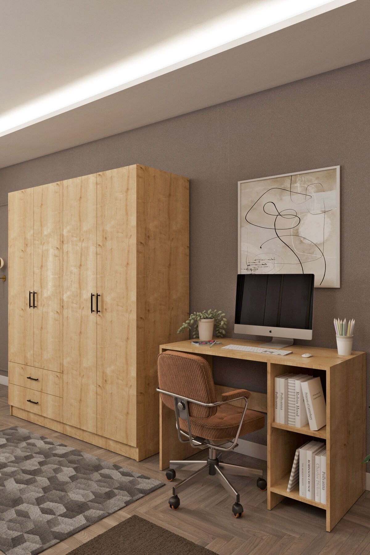 Ases HDF5358 Genç Odası Gardırop ve Çalışma Masası Hediyeli Beyaz - Safir Meşe