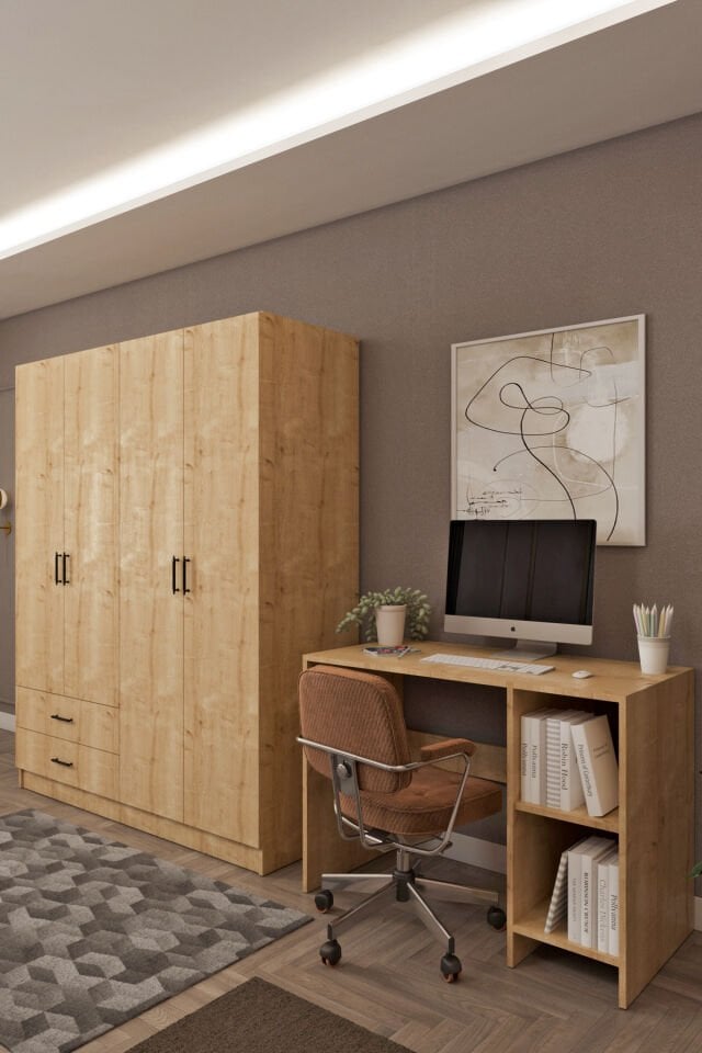 Ases HDF5358 Genç Odası Gardırop ve Çalışma Masası Hediyeli Beyaz - Safir Meşe