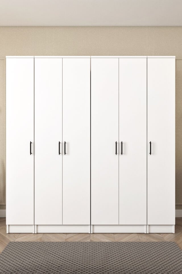 Ases ELA862 Geniş Gardırop Elbise ve Yüklük Dolabı 6 Kapaklı 14 Raflı 2 Askılı Modüler Dolap Beyaz