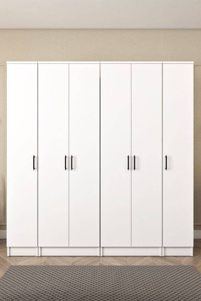 Ases ELA862 Geniş Gardırop Elbise ve Yüklük Dolabı 6 Kapaklı 14 Raflı 2 Askılı Modüler Dolap Beyaz