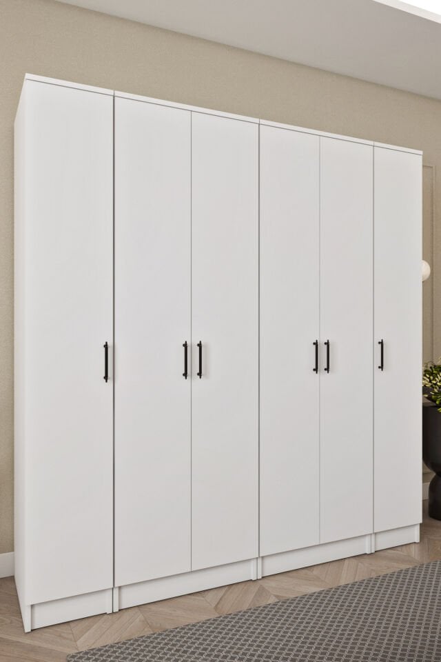 Ases ELA862 Geniş Gardırop Elbise ve Yüklük Dolabı 6 Kapaklı 14 Raflı 2 Askılı Modüler Dolap Beyaz