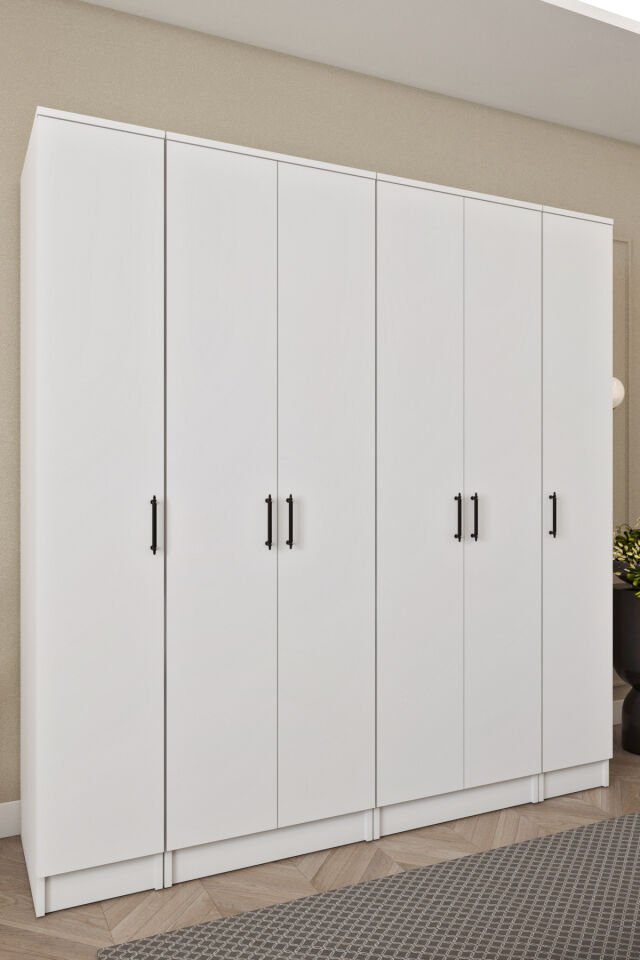 Ases ELA862 Geniş Gardırop Elbise ve Yüklük Dolabı 6 Kapaklı 14 Raflı 2 Askılı Modüler Dolap Beyaz