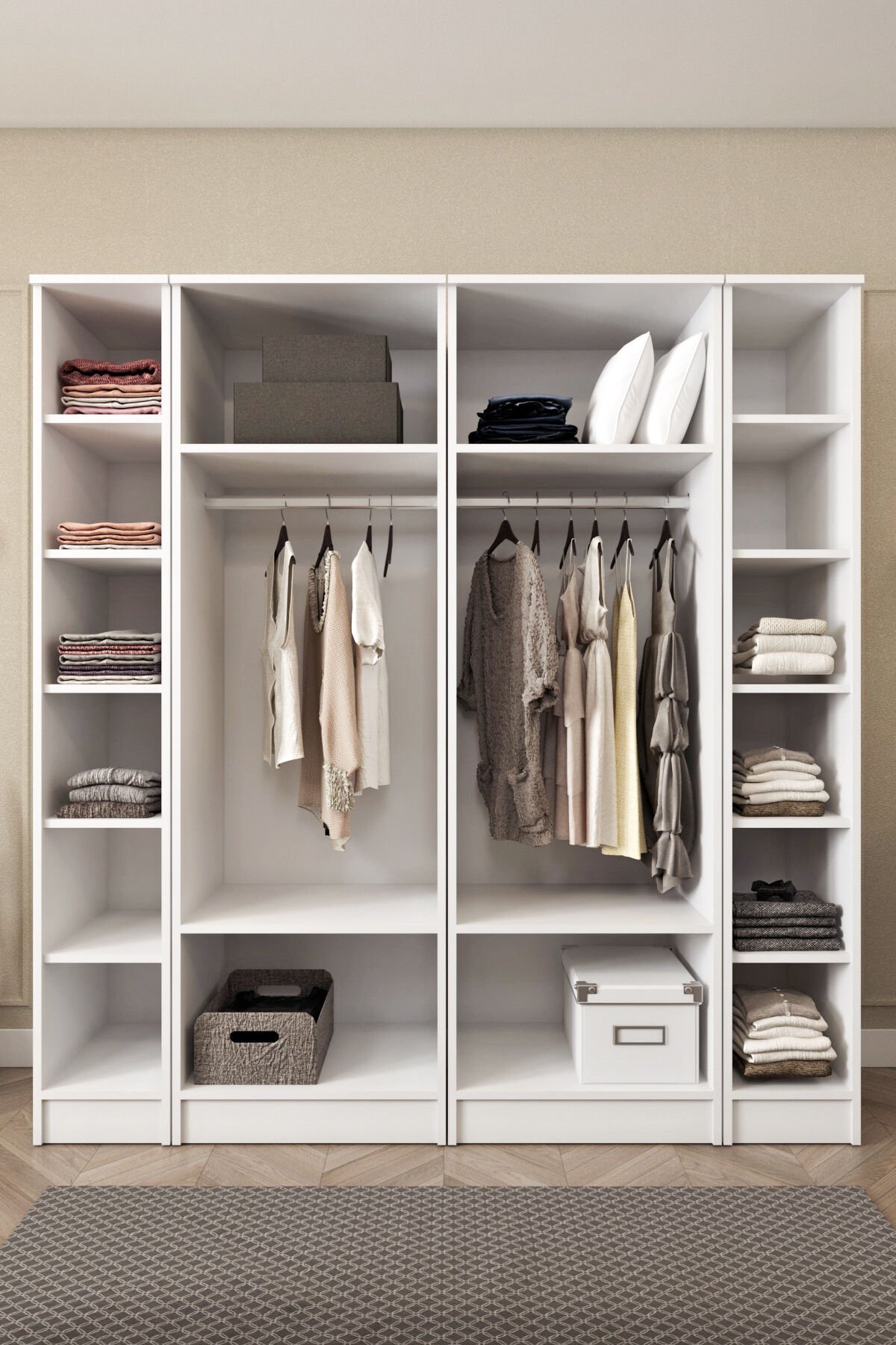 Ases ELA862 Geniş Gardırop Elbise ve Yüklük Dolabı 6 Kapaklı 14 Raflı 2 Askılı Modüler Dolap Beyaz