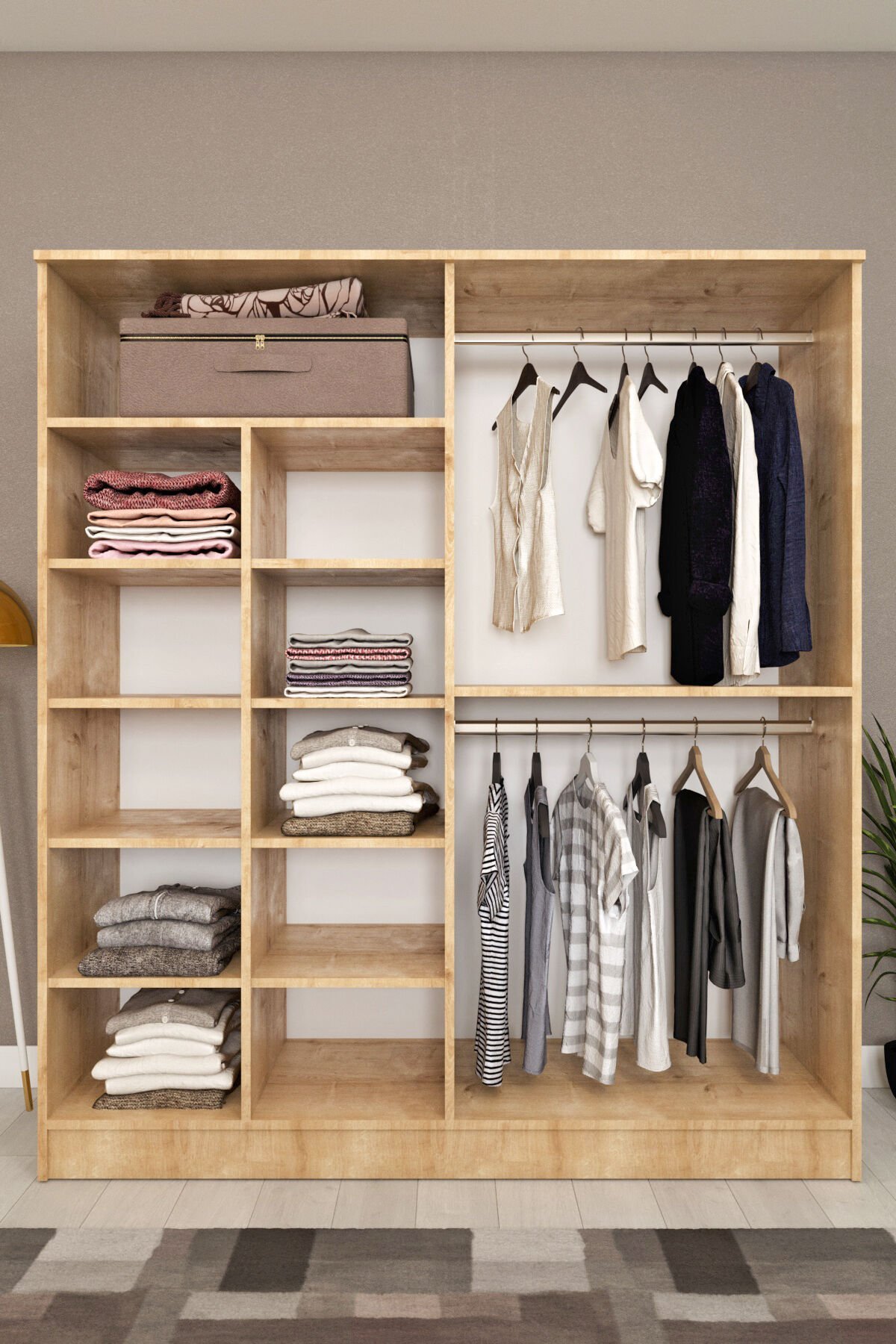 Ases ELA536 Geniş Gardırop Bol Raflı Askılıklı 4 Kapaklı ve 2 Ayrı Renk Beyaz - Safir Meşe