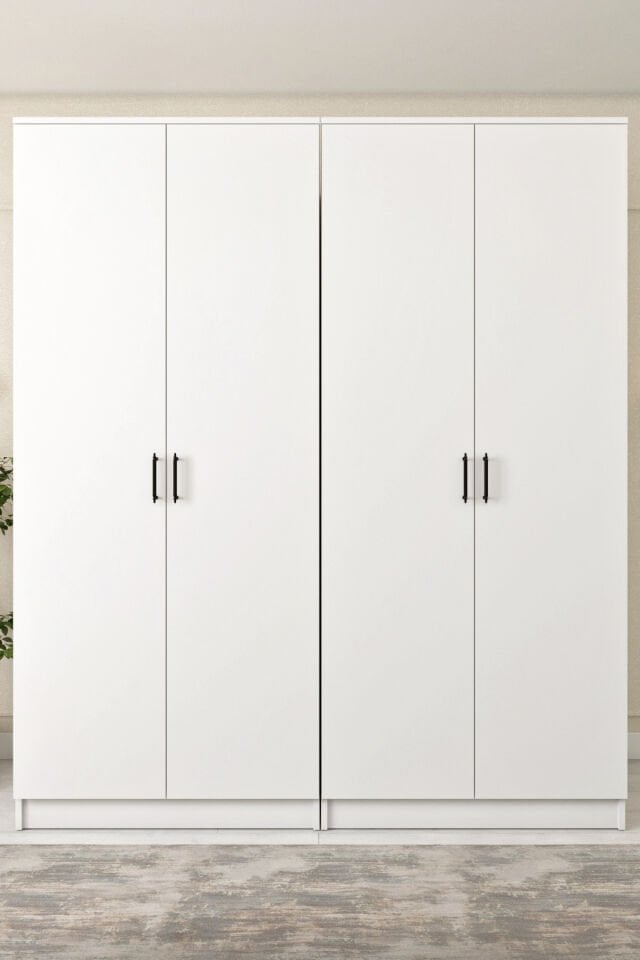 Ases ELA332 Geniş ve Büyük Ölçülü Gardırop Giysi Dolabı Yüklük 2 Askılı 4 Kapaklı Beyaz - Safir Meşe