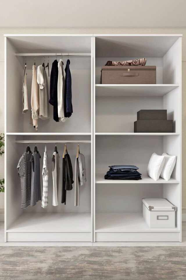 Ases ELA332 Geniş ve Büyük Ölçülü Gardırop Giysi Dolabı Yüklük 2 Askılı 4 Kapaklı Beyaz - Safir Meşe