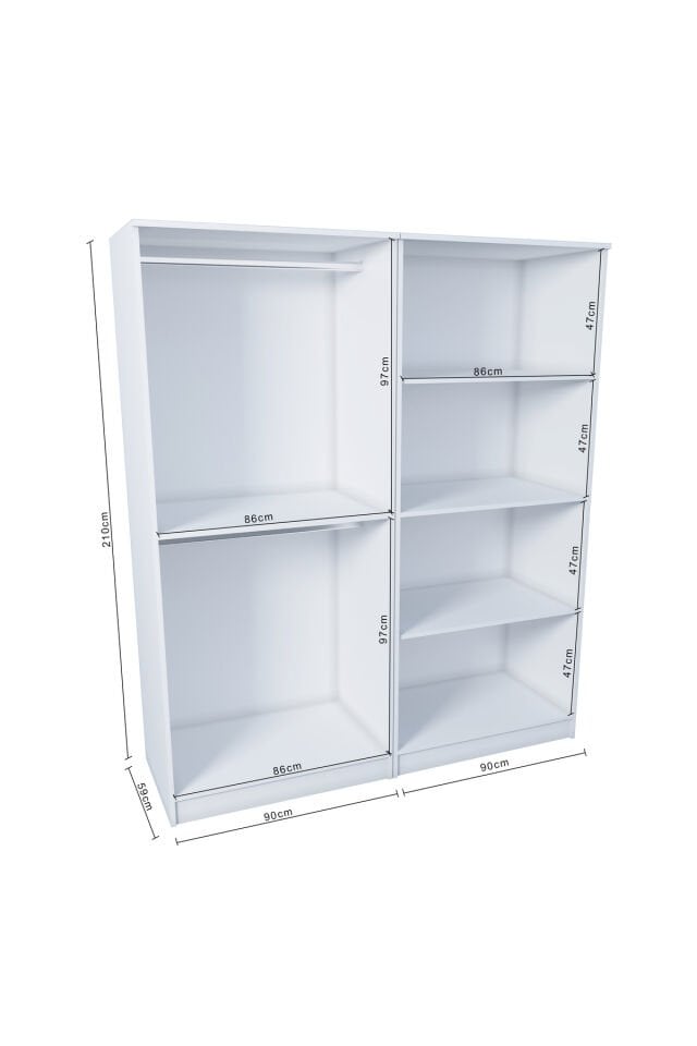 Ases ELA332 Geniş ve Büyük Ölçülü Gardırop Giysi Dolabı Yüklük 2 Askılı 4 Kapaklı Beyaz - Safir Meşe