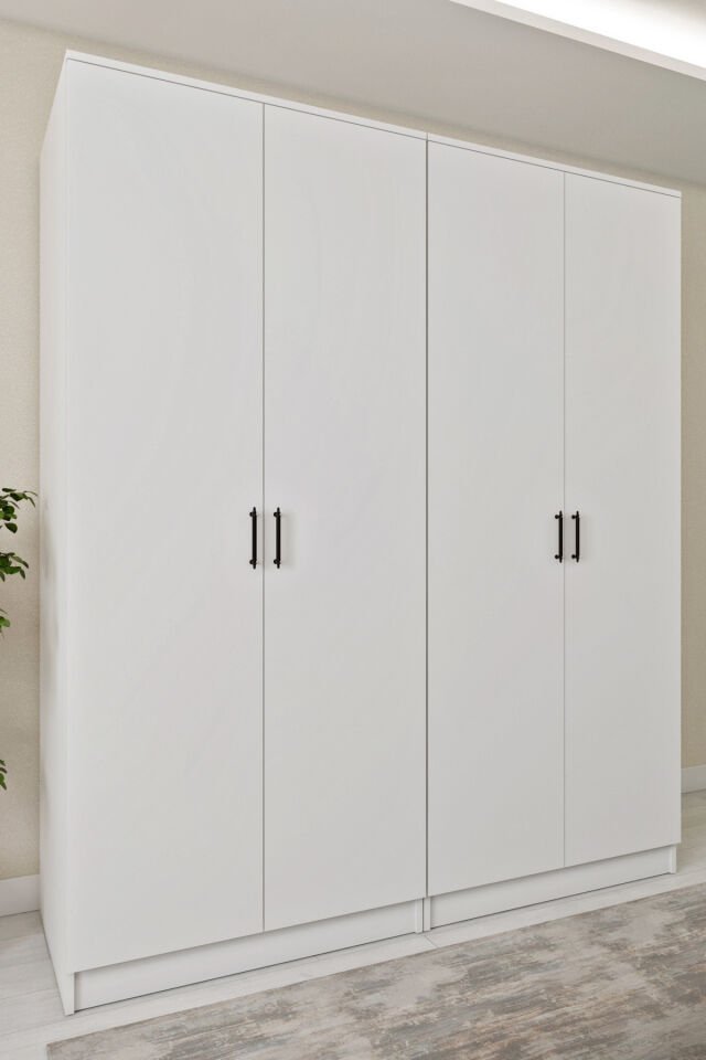 Ases ELA332 Geniş ve Büyük Ölçülü Gardırop Giysi Dolabı Yüklük 2 Askılı 4 Kapaklı Beyaz - Safir Meşe