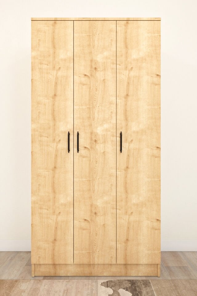 Ases ASL644 Geniş Gardırop 3 Kapaklı Elbise Dolabı Siyah Kulplu Beyaz ve Safir Meşe