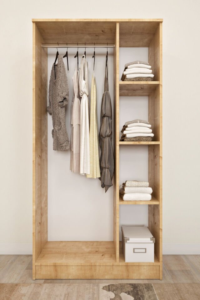 Ases ASL644 Geniş Gardırop 3 Kapaklı Elbise Dolabı Siyah Kulplu Beyaz ve Safir Meşe