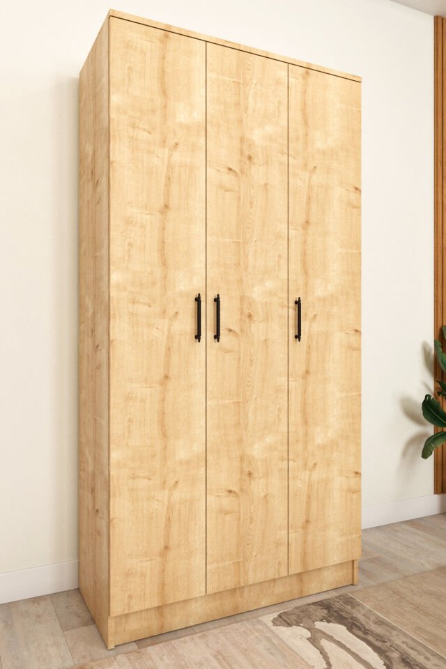 Ases ASL644 Geniş Gardırop 3 Kapaklı Elbise Dolabı Siyah Kulplu Beyaz ve Safir Meşe