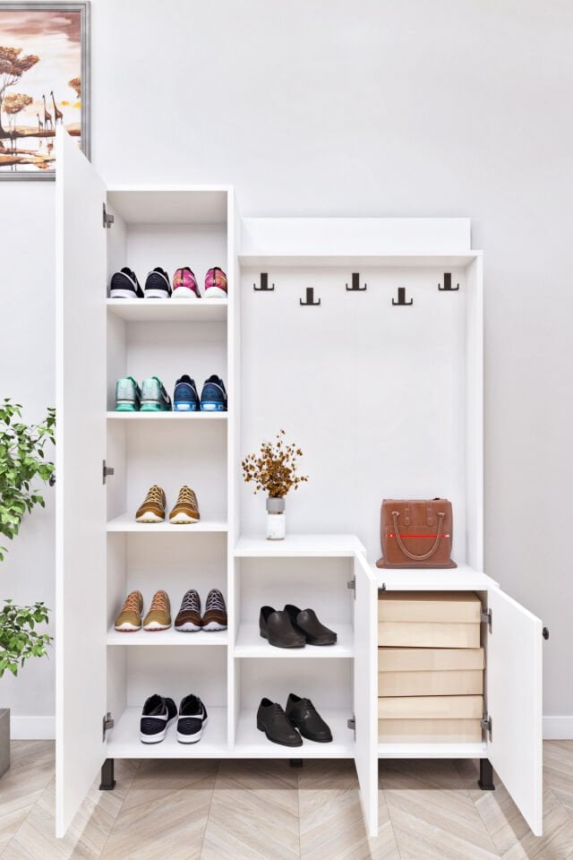 Esl0222 Portmanto Ayakkabılık Dolabı Askılı 5 Raflı 3 Kapaklı Beyaz