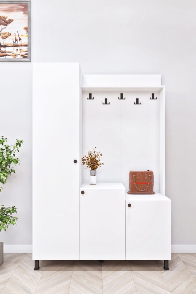 Esl0222 Portmanto Ayakkabılık Dolabı Askılı 5 Raflı 3 Kapaklı Beyaz