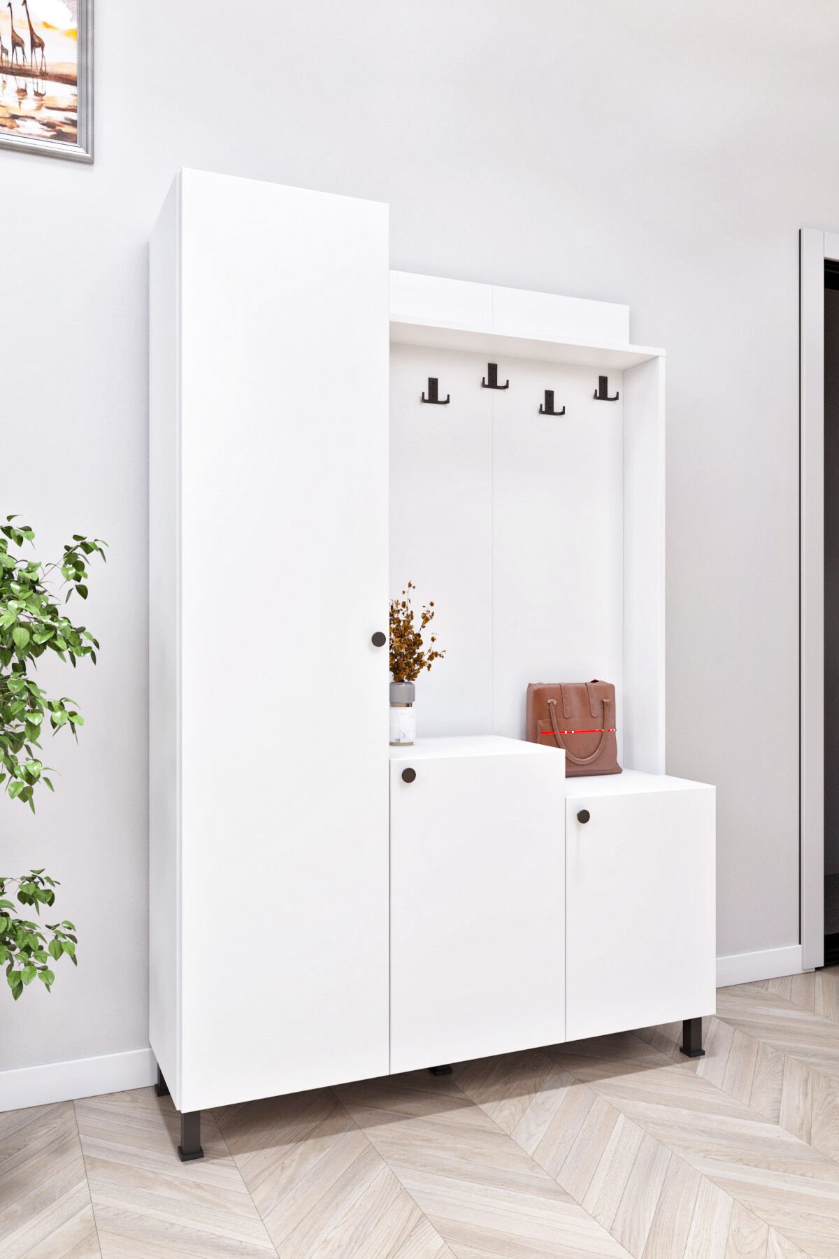 Esl0222 Portmanto Ayakkabılık Dolabı Askılı 5 Raflı 3 Kapaklı Beyaz