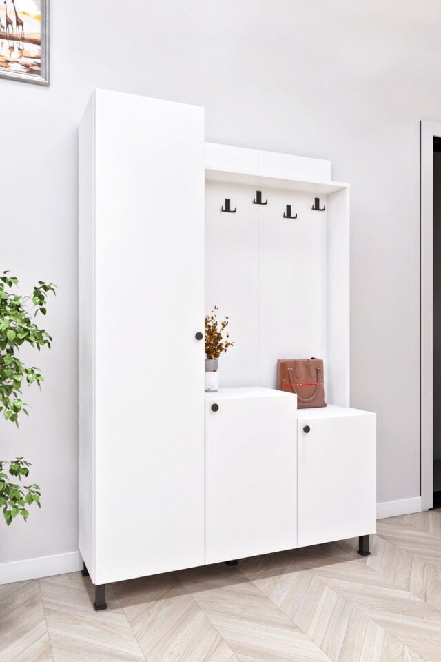 Esl0222 Portmanto Ayakkabılık Dolabı Askılı 5 Raflı 3 Kapaklı Beyaz