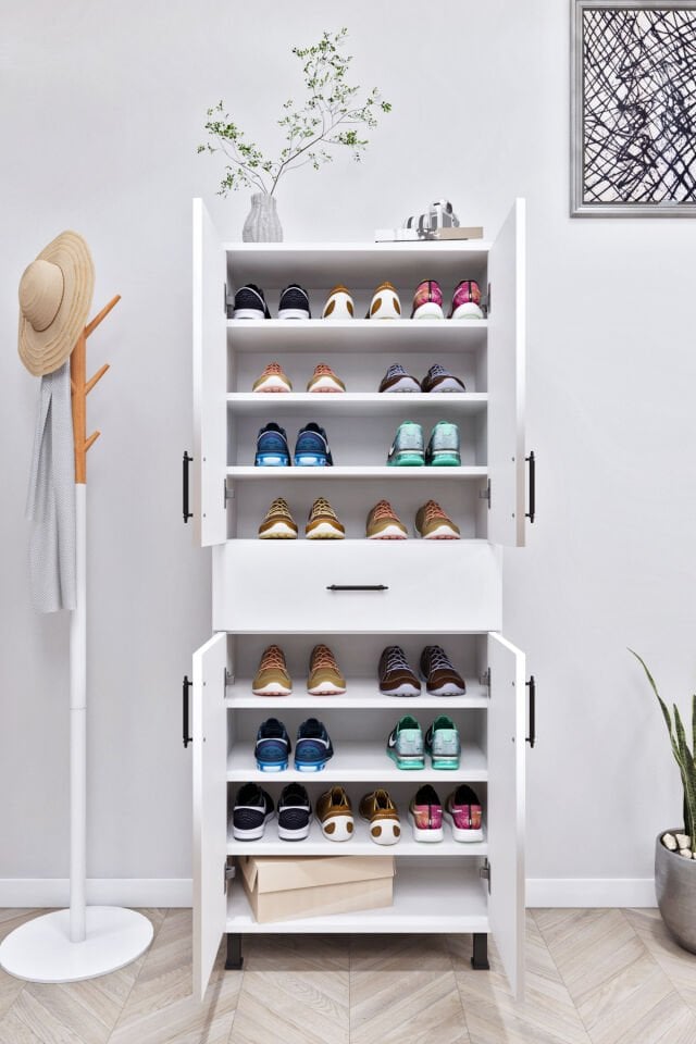 Esl0219 Ayakkabılık - Mutfak - Banyo Dolabı 4 Kapaklı 1 Çekmeceli 6 Raflı Beyaz