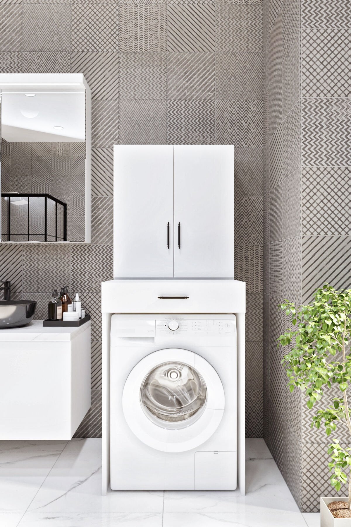 Esl0240 Çamaşır Makinesi Dolabı Banyo Çok Amaçlı Dolap 2 Kapaklı Beyaz