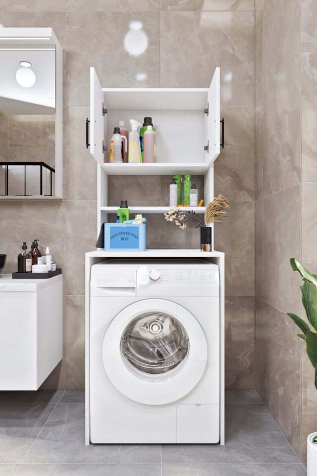 Esl0231 Çamaşır Makinesi Dolabı Banyo Dolabı Beyaz-Safir Meşe