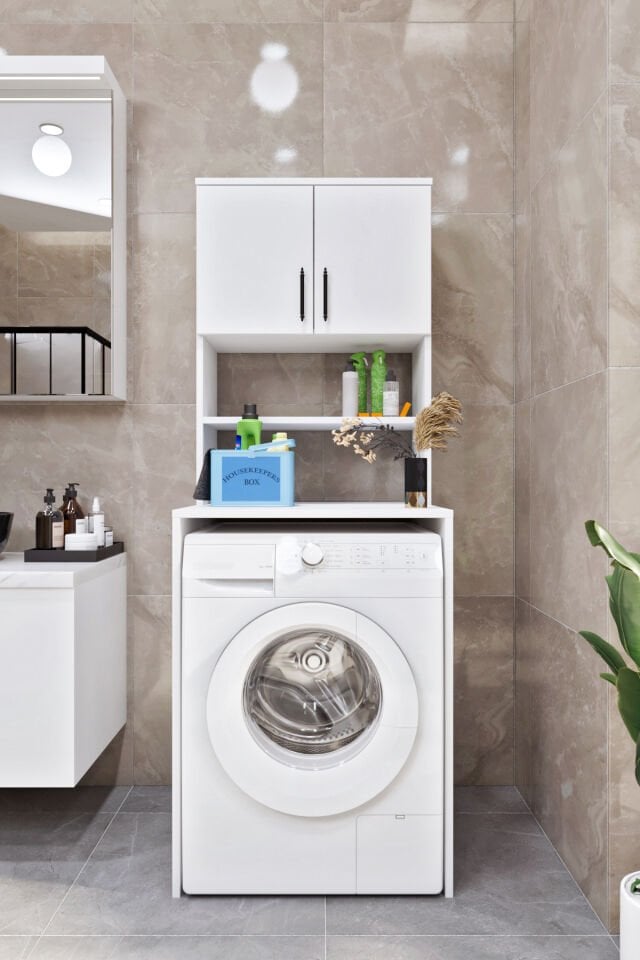 Esl0231 Çamaşır Makinesi Dolabı Banyo Dolabı Beyaz-Safir Meşe