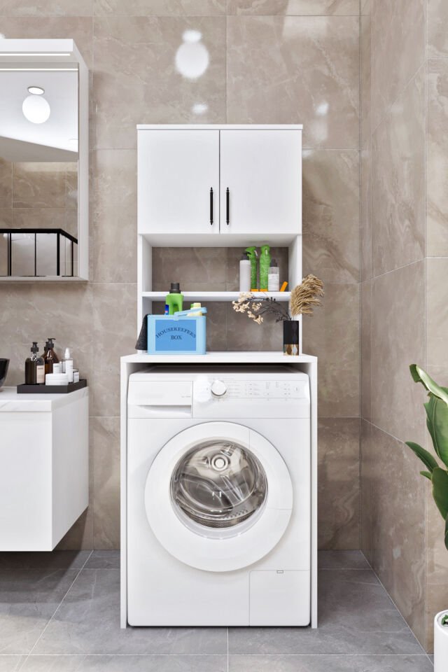 Esl0231 Çamaşır Makinesi Dolabı Banyo Dolabı Beyaz-Safir Meşe