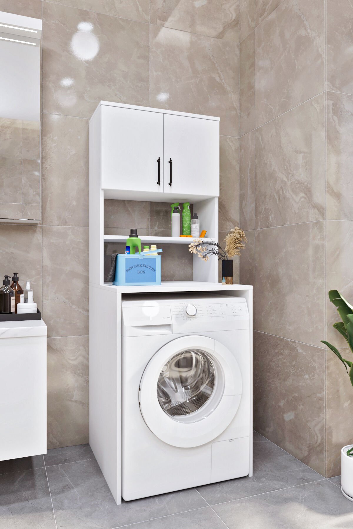 Esl0231 Çamaşır Makinesi Dolabı Banyo Dolabı Beyaz-Safir Meşe