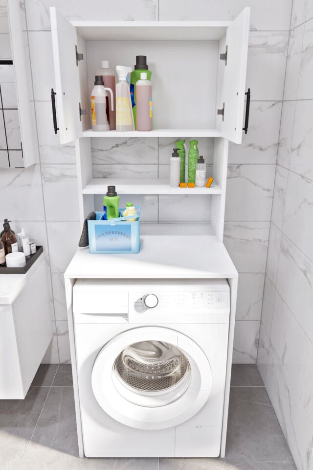Esl0231 Çamaşır Makinesi Dolabı Banyo Dolabı Beyaz-Safir Meşe
