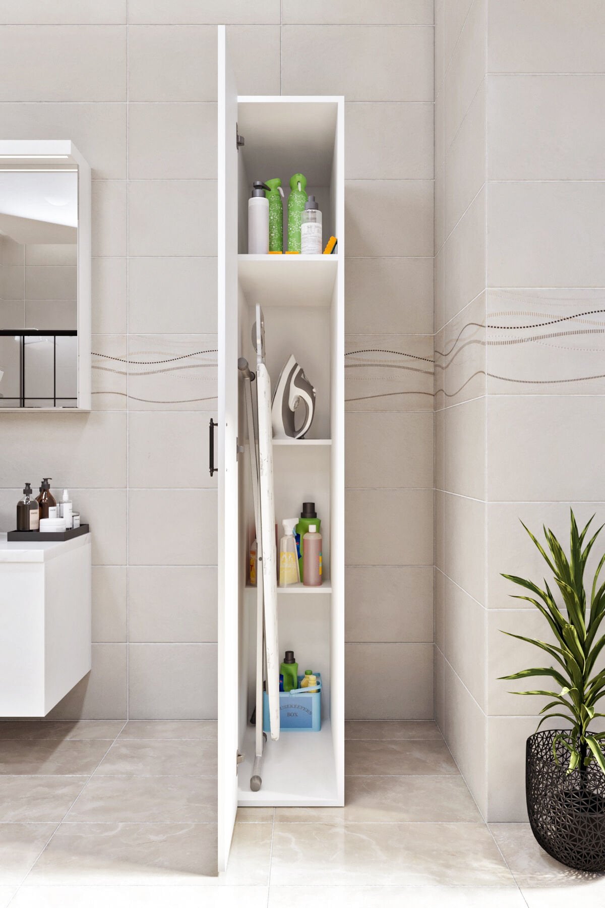 Esl0210 Dar Alanlar İçin Çok Amaçlı Banyo-Hol-Mutfak Dolabı Bol Raflı Beyaz