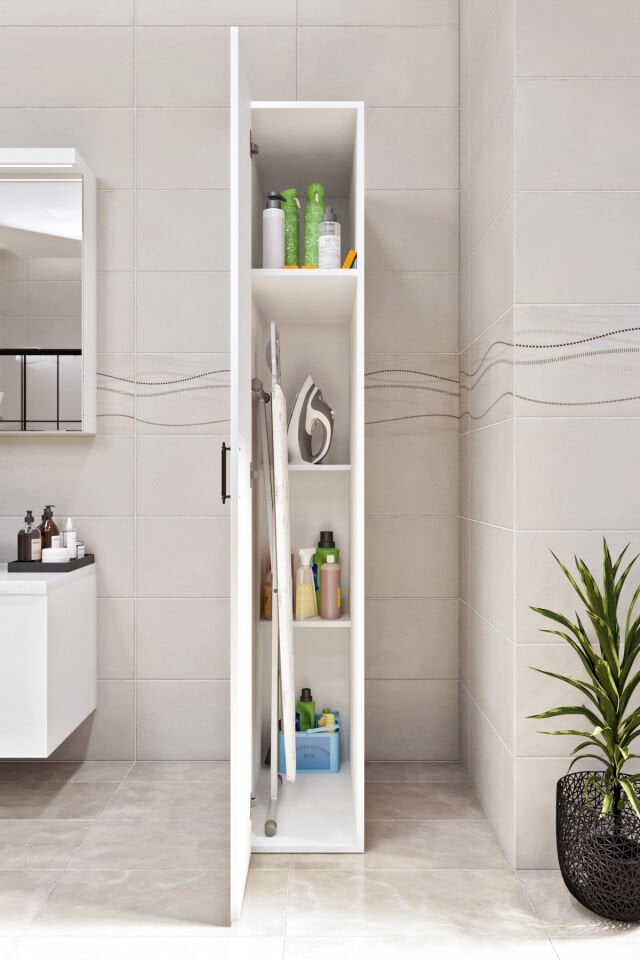 Esl0210 Dar Alanlar İçin Çok Amaçlı Banyo-Hol-Mutfak Dolabı Bol Raflı Beyaz