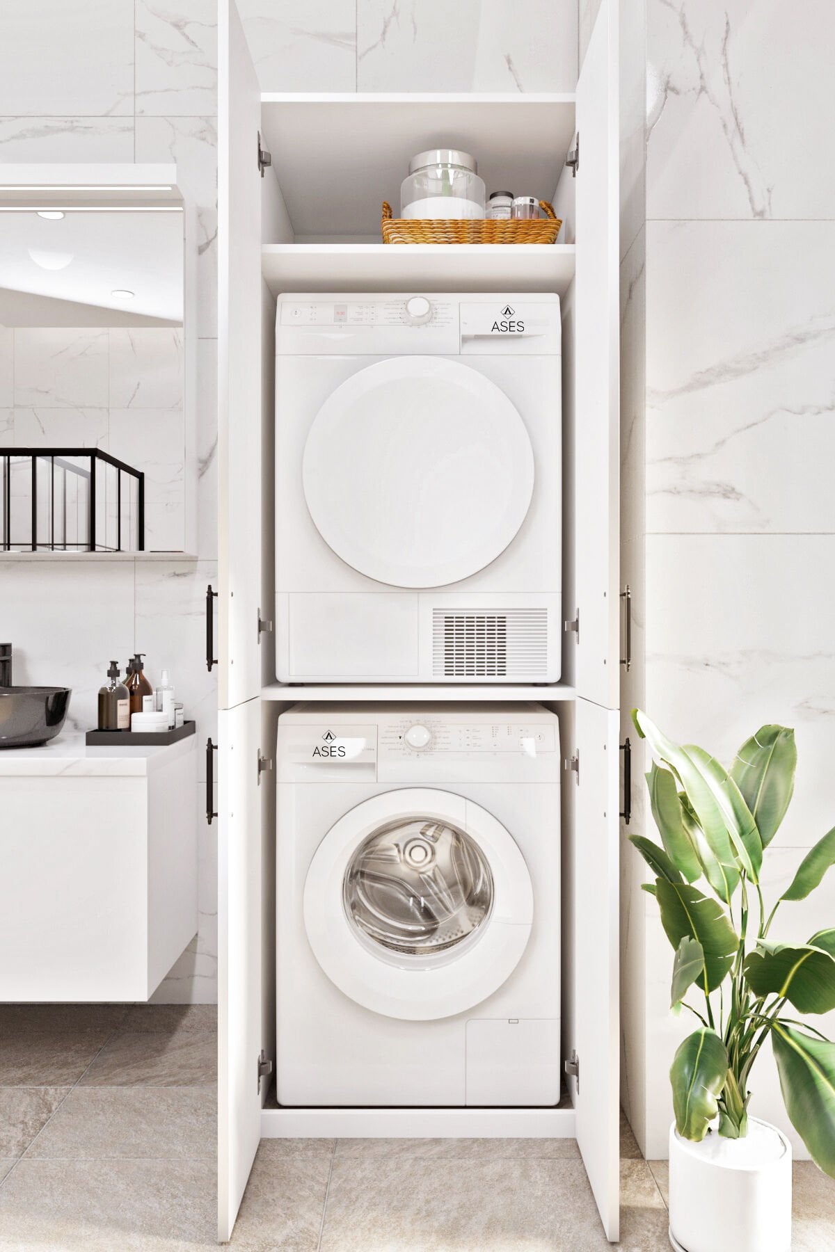 Esl0212 Çamaşır Makinası ve Kurutma Makinası Banyo Dolabı Beyaz