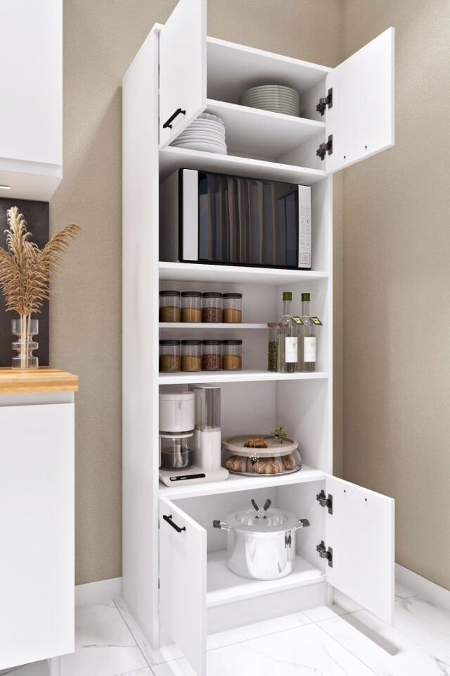 Esl0182 Çok Amaçlı Dolap 4 Kapaklı 5 Raflı Kiler Mutfak Dolabı Beyaz