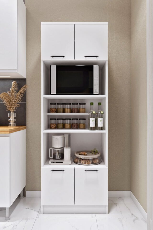 Esl0182 Çok Amaçlı Dolap 4 Kapaklı 5 Raflı Kiler Mutfak Dolabı Beyaz