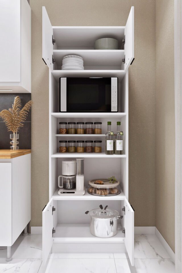 Esl0182 Çok Amaçlı Dolap 4 Kapaklı 5 Raflı Kiler Mutfak Dolabı Beyaz