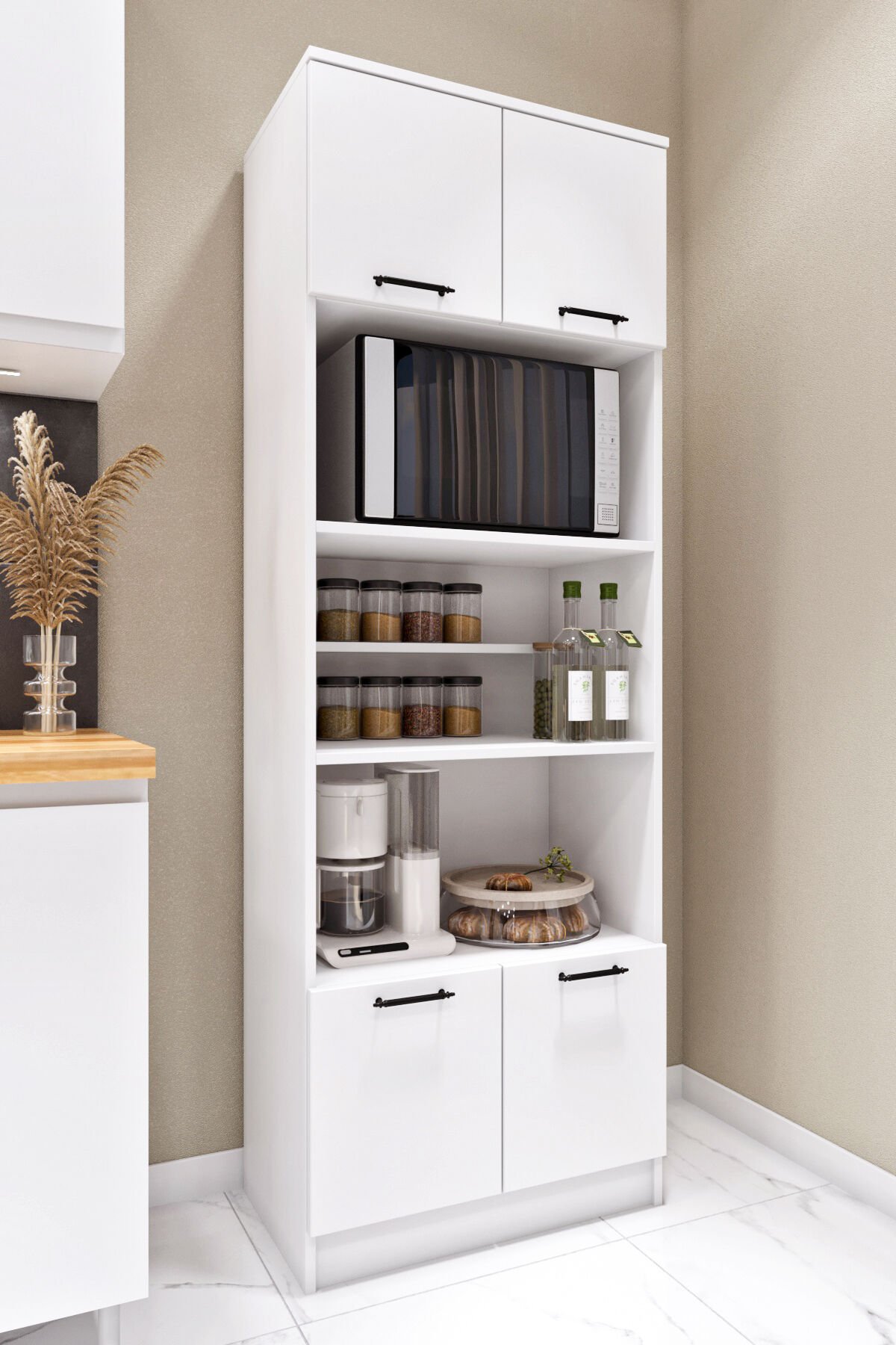 Esl0182 Çok Amaçlı Dolap 4 Kapaklı 5 Raflı Kiler Mutfak Dolabı Beyaz