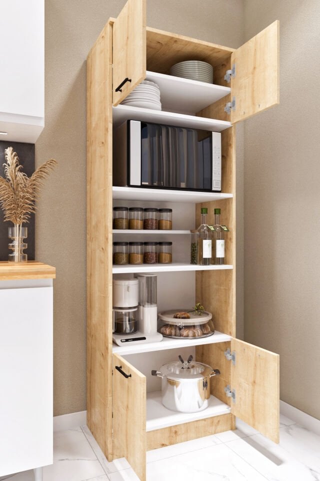 Esl0177 Çok Amaçlı Dolap 4 Kapaklı 5 Raflı Kiler Mutfak Dolabı Meşe - Beyaz