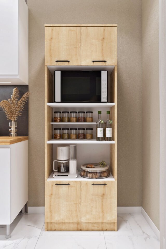 Esl0177 Çok Amaçlı Dolap 4 Kapaklı 5 Raflı Kiler Mutfak Dolabı Meşe - Beyaz