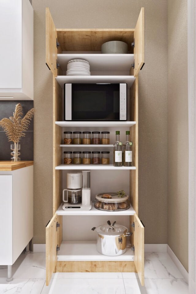 Esl0177 Çok Amaçlı Dolap 4 Kapaklı 5 Raflı Kiler Mutfak Dolabı Meşe - Beyaz