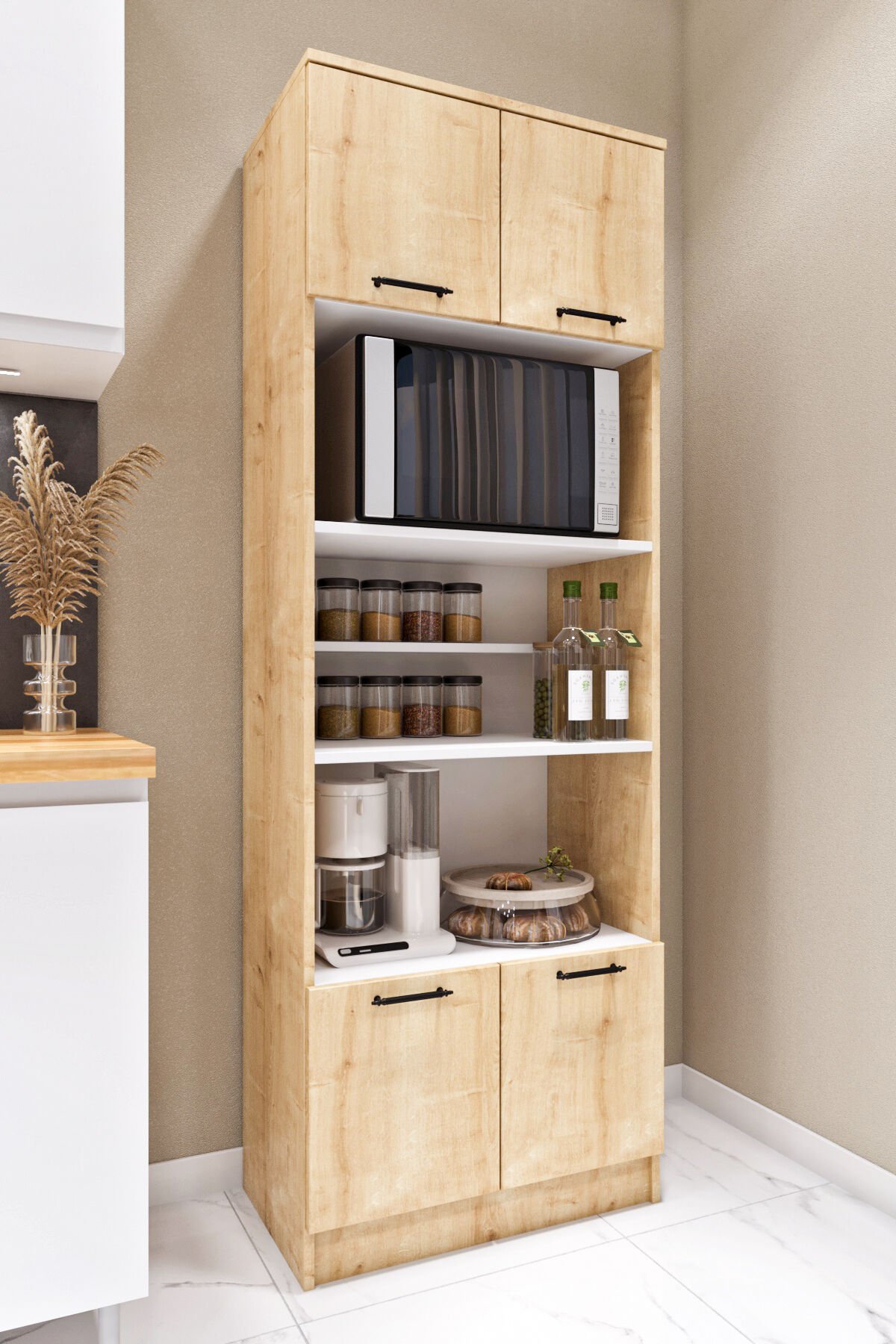 Esl0177 Çok Amaçlı Dolap 4 Kapaklı 5 Raflı Kiler Mutfak Dolabı Meşe - Beyaz