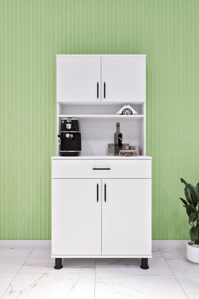 Esl0173 Kahve Köşesi Çok Amaçlı Dolap 4 Kapaklı 1 Çekmeceli Kiler Mutfak Dolabı Beyaz