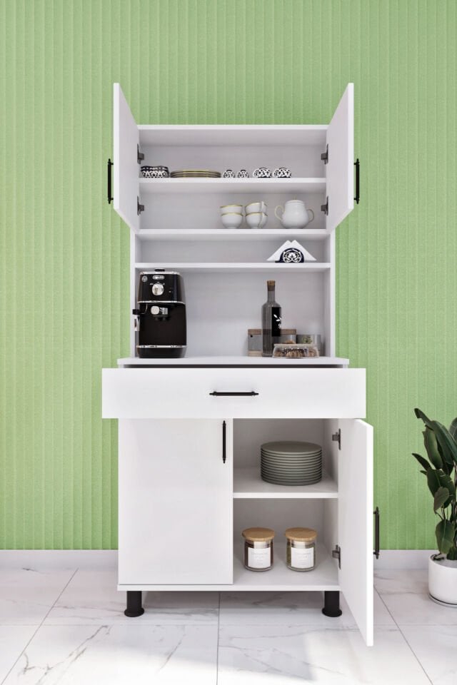 Esl0173 Kahve Köşesi Çok Amaçlı Dolap 4 Kapaklı 1 Çekmeceli Kiler Mutfak Dolabı Beyaz